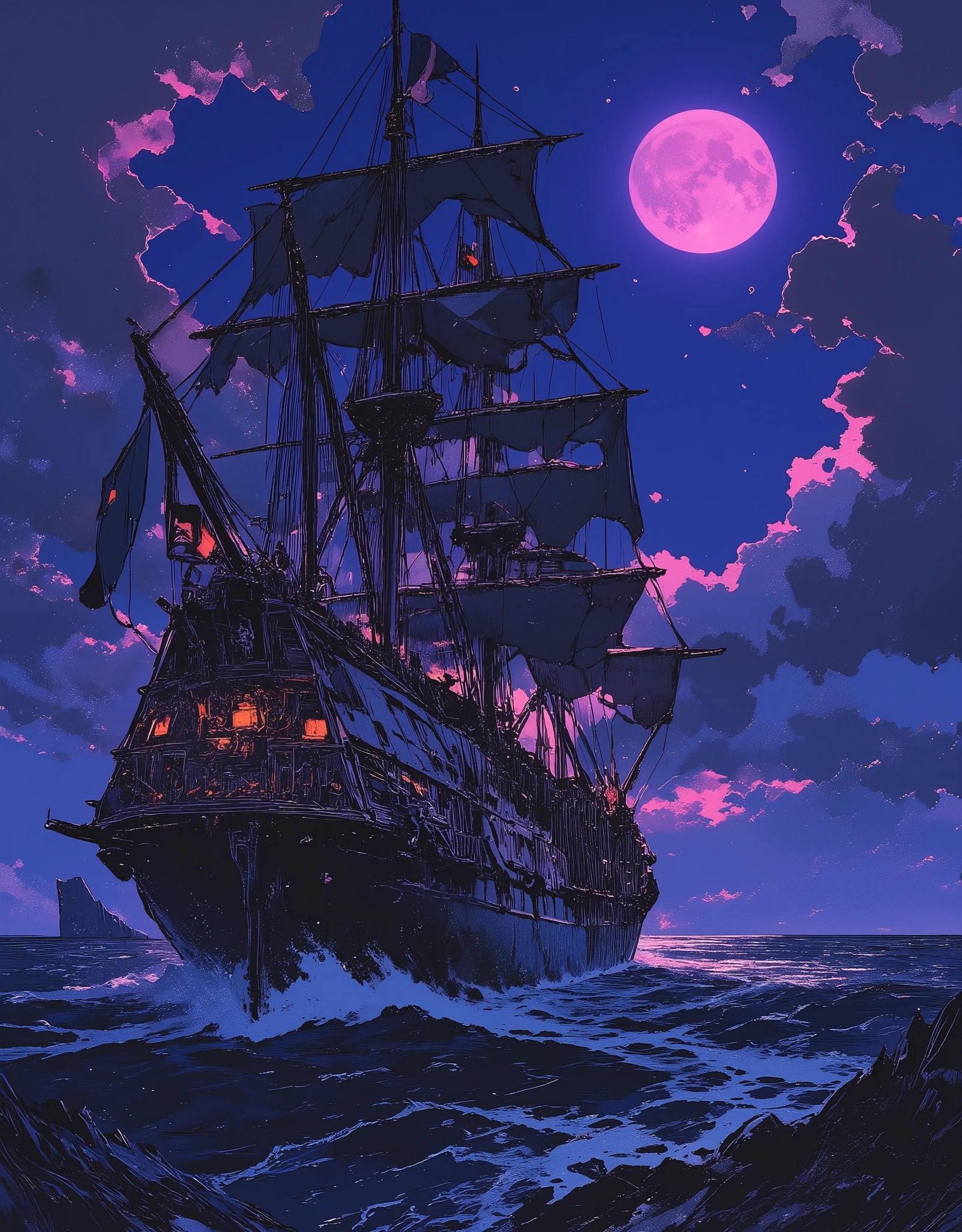 The style of Samuel Peploe and Posuki Demizu. A cinematic and vivid illustration of a formidable and majestic pirate ship sailing under an impressive night sky. The ship is shrouded in darkness, decorated with a skull and crossbones flag, and enjoys an impressive reputation. The battered hull and tattered sails speak of a long and dangerous journey. The crescent moon, painted in an eerie purple hue, radiates an otherworldly glow, enhancing the sense of adventure and danger. The choppy sea, ominous sky and menacing pirate ship create an atmosphere of excitement and anticipation. This image evokes memories of the golden age of piracy and invites the viewer to embark on their own exciting journey.