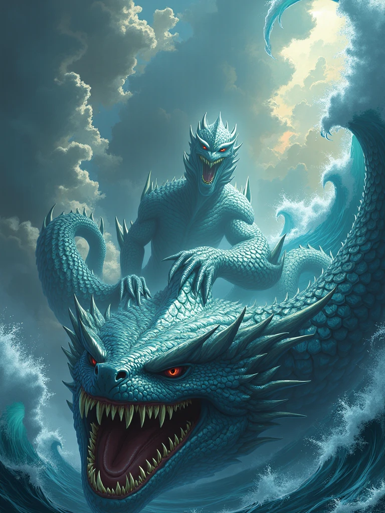Storybook illustration style，There is a powerful contrast between the white dragon in the sky and the dark and ugly monster in the sea.，Bailong looks kind and gentle，Scary big monster in darkness in the sea，Big monster has dark power
