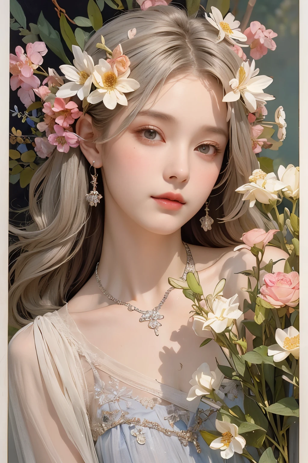 (Oil painting of a beautiful woman), rough touch, focus on face, striking portrait, (calm, gentle and bright small smile), ((medium-long almost straight silver-gray blonde hair)), (close-up), shiny skin, glossy lips, (casual spring-like outfit in pastel colors), (smart figure), small necklace, soft spring sunlight, small spring flowers of various colors, young leaves on trees, use of contour lines, clean line drawing, fine and precise details, bright primary colors used partially as accents, fine and precise details, muted colors, floral frame, Art Nouveau style decoration, (Alphonse Mucha style composition), masterpiece!, amazing!, beautiful!, wonderful!,