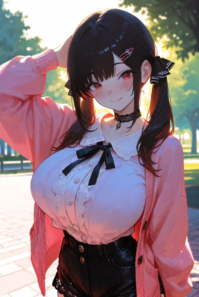 txtchiori, masterpiece, best quality, ultra-detailed, glistening shiny, glowing light, ray tracing, HDR, deph of field, (perfect face, detailed face, detailed eyes,perfect handedium boobs:0.7),8k,HD,ultra realistic face,ray tracing,perfect lighting,best quality, ultra-detailed, shiny eyes, (looking at viewer,open mouth smile:1.1), ((1girl)), (mature female:1.4),cowboy shot,thighs,pov,((gradient hair)),multicolored eyes, gradient eyes, (glowing eyes:1.5), mascara, (fashion make up), parted lips, hermoso long legs, (complex background, many elements in the background:1.2),((super detailed background)), ((8k wallpaper)), surrounded by clothing fabrics, flower petals falling around her, uniform background, realistic image, coherent image, detailed image, 1 beautiful girl. She has long brown hair, tied up with a comb in the shape of a red flower. Red eyes, long eyelashes. Her face is oval and delicate. She wears a traditional t-shirt, a pleated mini skirt with lace, and stockings that cover her legs. She has a curvy body, large breasts and thick thighs.