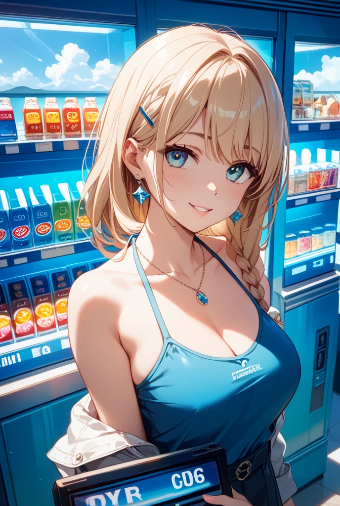 Cute, innocent, blonde 23 years old, ((thin)), (flat abs)), blush, (huge huge big: 1.4), (side boob), (under), pressed together, white skin, blue eyes, (((camisole)), (Japan,countryside,vending machine))), fun, happy, close-up, ((((night)))),