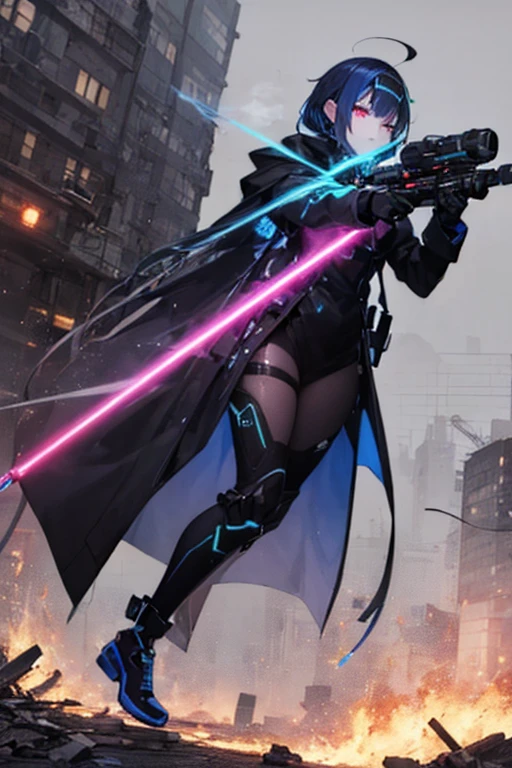 (masterpiece:1.2), (illustration), (best quality:1.2), (best aethetic:1.1), (beautiful art:1.2), (ultra-detailed:1.2), (8k), (HDR), (cinematic lighting), (wallpaper), (sharp focus), (intricate), woman pose using futuristic gun, 165cm tall, blonde hair, short hair, serious expresdion, half javanese, half netherland, wearing black suit and black skirt, pantyhouse, blue aura energy sparking, background windy sky blue, horror