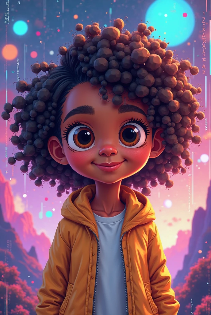 Retrato realista estilo 3D da menina africana africana de 9 meses de idade ((cor da pele marrom escura)) na rua da cidade, pose pra foto, flores, ((Playtoon)), sorriso bonito, ((com flores)), vestindo camiseta (((no printing))), laranja e jeans, sapatos da moda atual, cabelo mega longo cabelo cacheado, ((kanekalon)), com flores, (cinematic contour lighting), close-up, product view, detalhes faciais detalhados, rosto perfeito, nitidez, Trend Art, sharp facial details, cgsociety, High-quality digital art, hiperdetalhe requintado, 4k, 3D, 8k, estilo chibi, soft-lighting, moda sonhadora