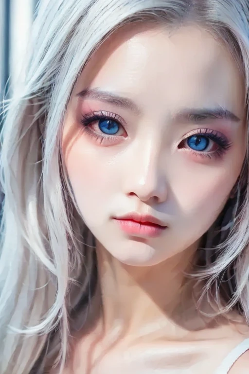 cinematic portrait, hyper detailed, 1girl, beautiful japanese albino woman, long white hair, piercing blue eyes, sharp gaze, delicate facial features, pale skin, flawless skin, intricate hair details, dramatic lighting, natural lighting, moody lighting, ethereal, serene, tranquil, mystical, surreal, photorealistic, 8k, high resolution, ultra detailed, masterpiece