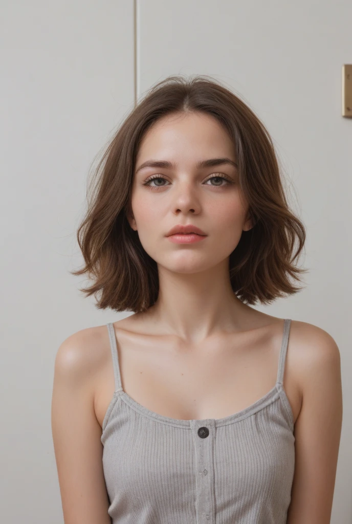 photorealistic full body picture a young woman with a relaxed and natural look. She has a symmetrical face with clear, glowing skin. Her eyes are blue and expressive, framed by soft, layered bangs. She has a well-defined nose, high cheekbones, and natural lips. Her hair is medium-length, wavy, and blonde with subtle highlights, giving it a tousled and beachy look. She is wearing a short skirt and a white tshirt, photography by a canon EOS camera