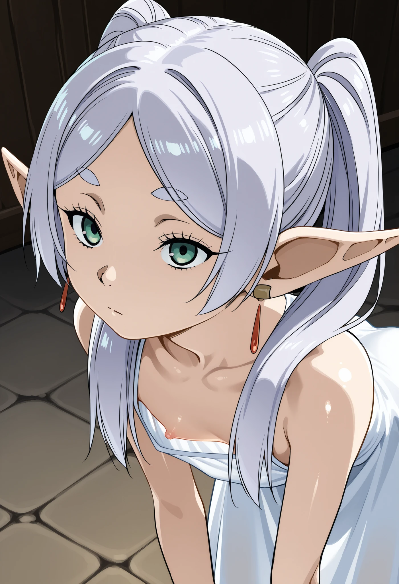 (Frieren(Frieren: Beyond Journey’s End):1.5)、(ultra flat chest:1.1)、(ultra small chest:1.1)、(nipple visible through gaps in clothes:1.1)、(体型がskinny:1.1)、(ultra shiny skin:1.1)、(upper body:1.1)、(bent over:1.3)、(from above:1.3)、(from side:1.3)
