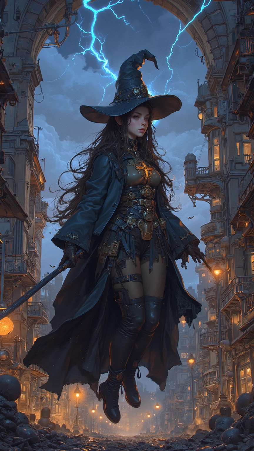 A sexy hot dark vampire female steampunk in a town sinister and mysterious