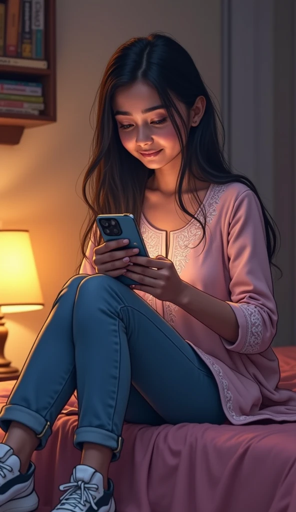 One girl chatting wile holding the phone in a hand .she wared light pink colour t shirt and light pink colour night pant in one room.she sat in flore.at midnight .age 15

