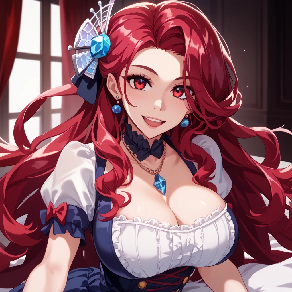 Highest quality、highest quality、Highest Resolution、beautiful girl, Bright red hair、Big Tits、 Detailed purple eyes, Sexy white gorgeous dress,Firm breasts,Big cleavage、necklace、Earrings、In close range、Sexy look、Poses that accentuate the chest