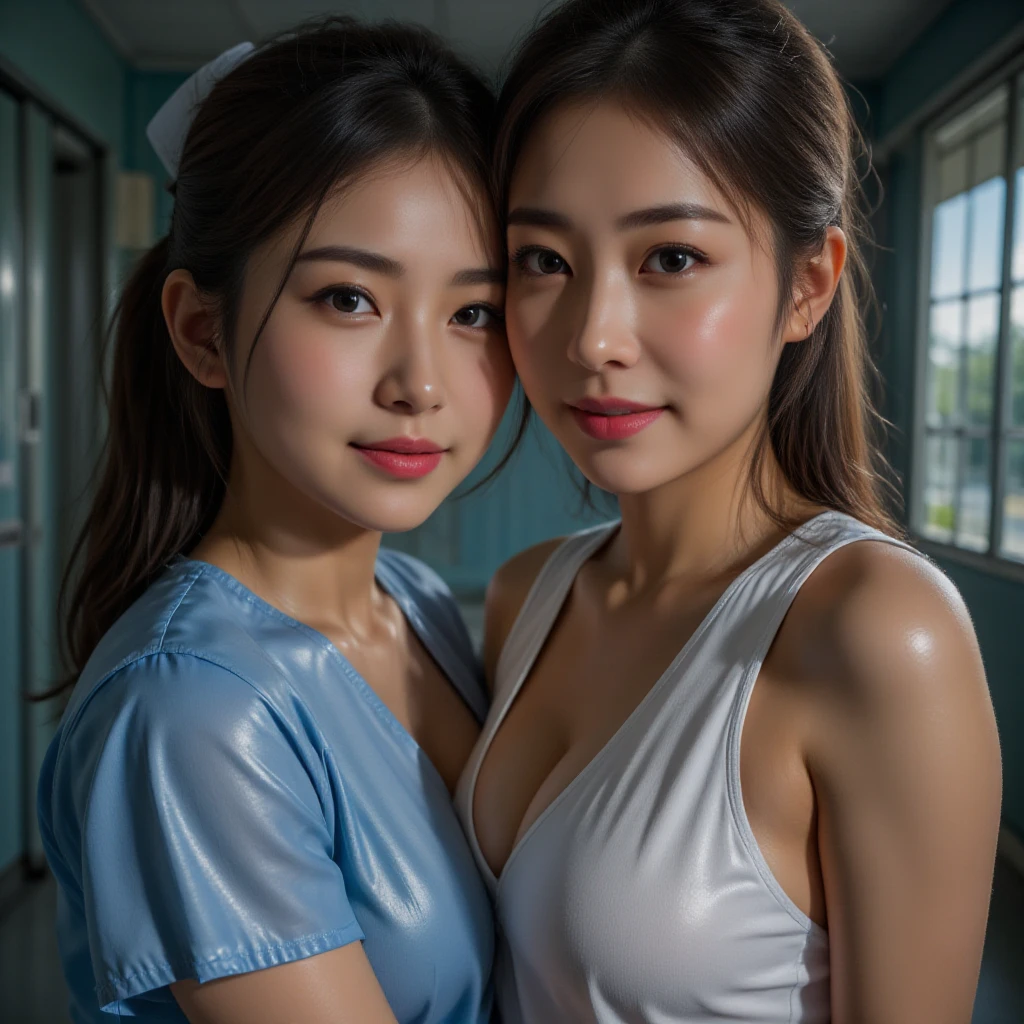 4K,Blockbuster texture,(2 girls,Sexy twin sisters,beautiful girl,Sexy Girl,Black twin ponytails,Wet white silk vest),In line with aesthetics,Facial details,(Delicate facial features),Perfect body,(Hug face to face:1.2),(Two girls squeeze each other&#39;s breasts),(Wet,24 years old,Sexy body),For the audience,All details clearly described