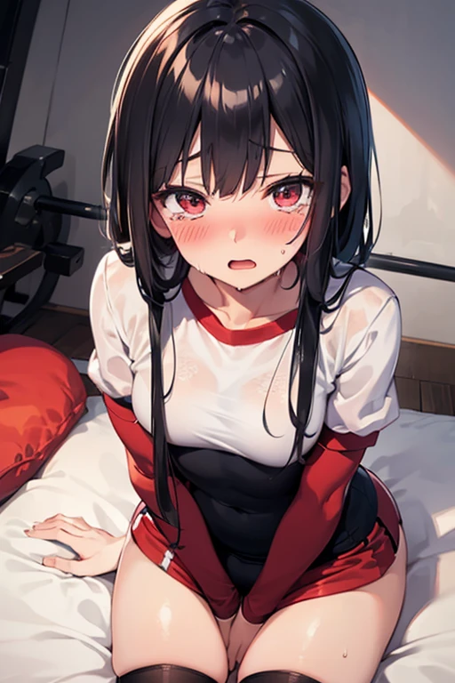 NSFW ハッキリした色使いのアニメ絵 全身図 黒いて男性と縦縞黒いNo sleeveシャツ:1.3 1 female 1 male、Sex:1.3 On a white bed In an apartment room Excitement Sweat Redness Feels good), (Night, dark room, apartment room, lying on a white bed, troubled face, crying face, sexy)、 No sleeve、(Black hair, medium length, ponytail, straight hair, bangs swept to the side:1.9 Slanted eyes Brown eyes Tall Big breasts Strong Beautiful Cute) 、 細身の筋肉質の男とのSex