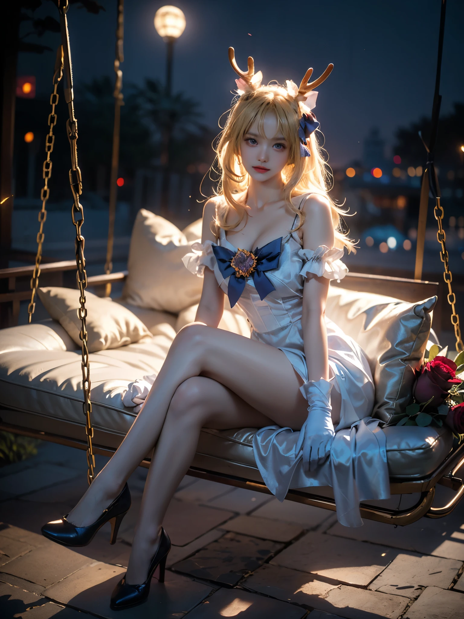 yao cosplay costume, cosplay, blonde hair, dress, gloves, white gloves, antlers, animal ears, horns, bow, hair ornament, wings, thighhighs, white thighhighs, purple high heels ,, (xuer swing), photorealistic, exquisitely beautiful sexy long legs model, garden, (Sitting position:1.3), (Full bust, visible cleavage, very short hemline), (Lots of flowers around, roses in the foreground), **seated gracefully on a swinging swing**, gentle swaying motion, romantic atmosphere, night, soft moonlight illuminating the scene, shimmering fireflies dancing around, dreamy, elegant, highly detailed face, perfect anatomy, (eyes looking directly at viewer:1.15), soft and diffused lighting, high resolution, 8k, masterpiece, best quality, dynamic pose, flowing dress, (intricate details:1.1), bokeh background, (well-defined calf muscles:1.2), (slender thighs:1.2), (elegant ankles:1.1), (natural leg curvature), (graceful leg pose:1.3), **(feet slightly pointed:1.1)**, (sitting with one leg slightly bent and the other extended:1.2), (perfect symmetry), (smooth skin texture), (realistic shadows and highlights on legs)