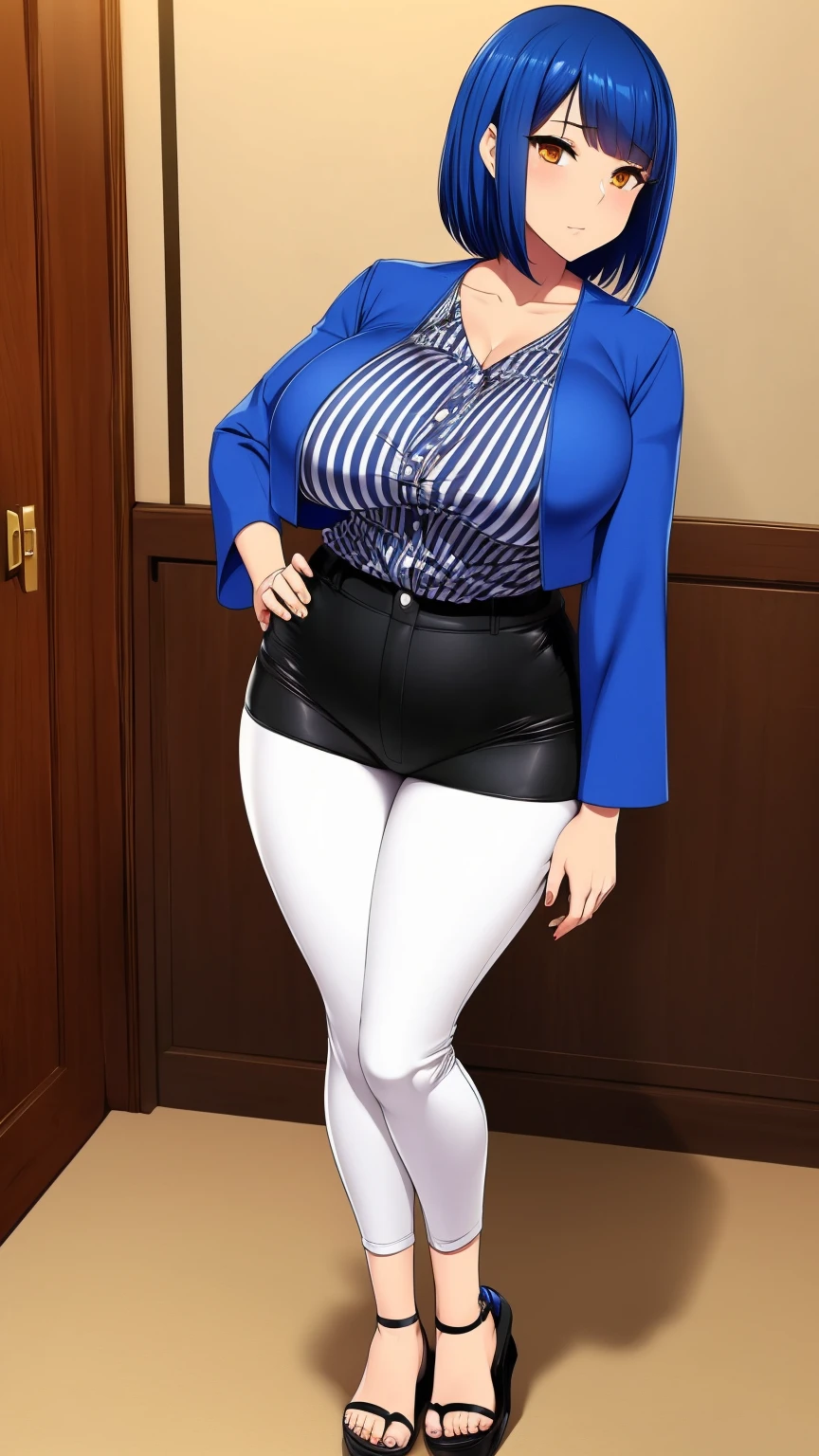 asuna \(blue archive\), best quality, ultra detailed, 1girl, solo, (full body), (detailed hands), standing, mature female, milf, blond hair, long hair, blue eyes, thicc, white shirt, black trousers, necktie, stare, (office background), <lora:Asuna_Hard:1.0>