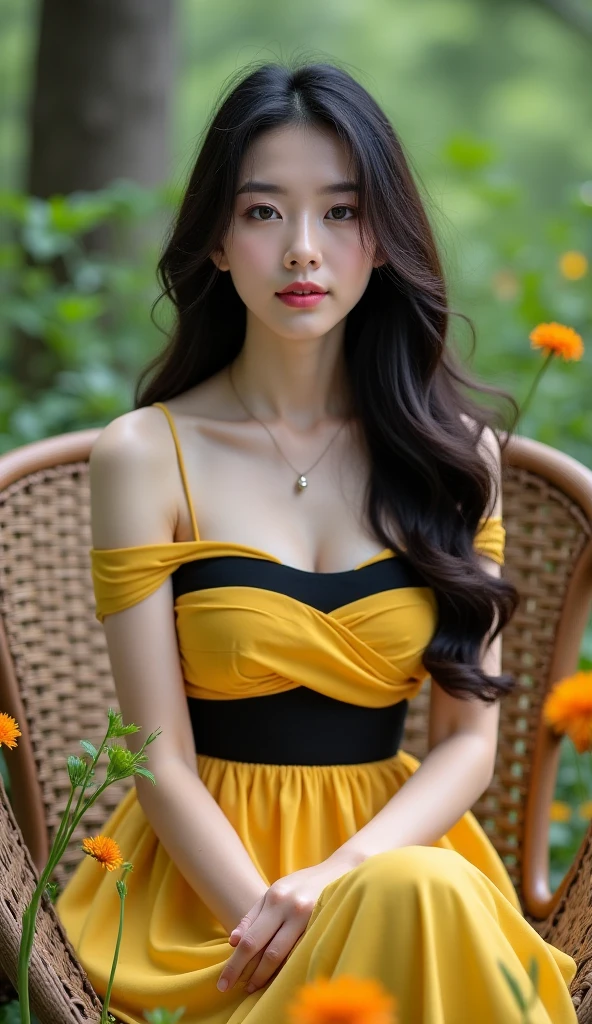 in woods、forest fae、masterpiece、top-quality、solo、(paler:1.04)、(Curta:1.15)And(Curvaceous)femele(flawless skin:1.11)And(teats:1.1)、full body Esbian、Beautiful standing figure、high angle and(Yellow dress)、((Near and far law:0.6)Green dress)、(face perfect:1.1)with an intricate(high detal:1.1)Body、covering the navel、hiding breast、covers、eyes up、s lips、wings grow on the back,、Gorgeous brown long wavy hair、photographed by lee jeffries nikon d850 film stock photograph 4 kodak portra 400 camera f1.6 lenses Rich colors Ultra-realistic textures Dramatic lighting Art Station Cinestar 800 Unreal Engine Trends