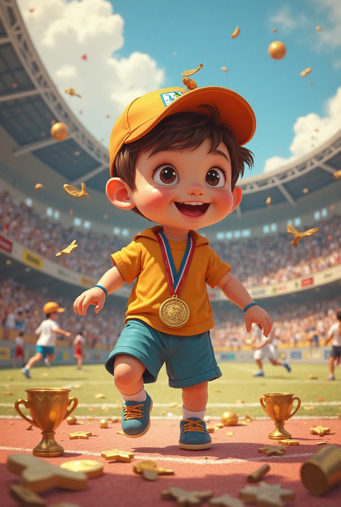A fat child with a gold medal in an autobus who is cheering for the absence of a conductor