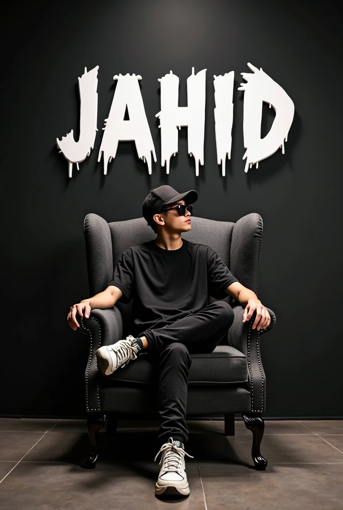 Create a 3D illusion for a What'sapp profile picture where a boy in a black shirt sits casually on a wingback chair. Wearing sneakers, a black cricket cap, and sunglasses he looks ahead. The background features "JUNAID" in big and capital white fonts on the black wall. site Time is money. There should not be his shadow , and there are wings to make it appear as if he is an angel.