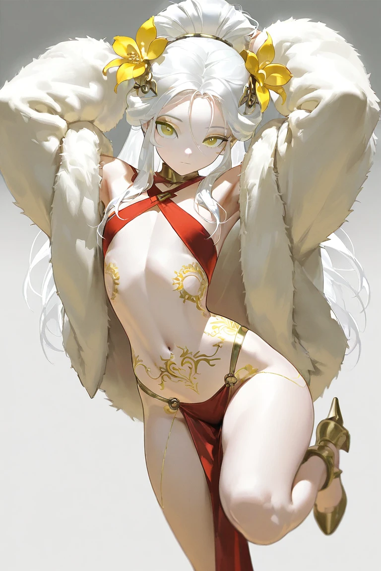 ((best quality)), ((masterpiece)), (detailed), 1girl, off-shoulder sweater, NSFW, small breasts, prominent collarbones, skinny arms, flat stomach, visible hip bones, ponytail, thick ponytail, heavy ponytail, red and white clothing, full body, whole body, body, NSFW, full body, whole body, head-to-toe NSFW