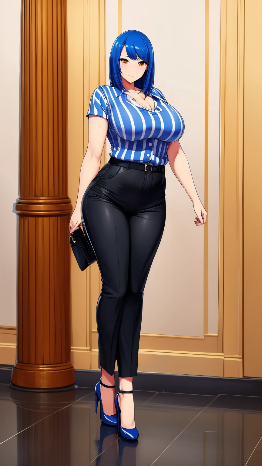 A beautiful woman, beauty, big breast, sexy, cute, blue hair, cut short, disheveled, her orange eye, wearing a black referee shirt, white stripe, button-down, and long gray pants, black heels.