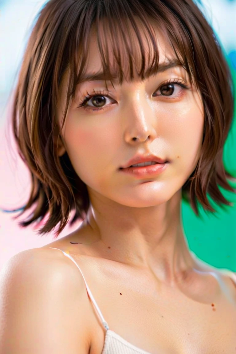 Woman smashing on outdoor tennis court、(Realistic、Like a photograph、Live Action、, Realistic, RAW Photos, Best image quality: 1.4), Single-lens reflex camera、RAW Photos, Highest quality, Realistic, Very detailed CG Unity 8k wallpaper, Written boundary depth, Cinematic Light, Lens flare, Ray Tracing, Realistic background、Many people:1.4、(Tennis Player:1.4、Tennis uniform:1.3、Toned body)、((Ultra-dense skin))、 woman,Cute Japanese Tennis Player、((Smash stance、((whole body:1.5))、During the game:1.1、Serious expression on the court))、Pink inner color hair、short hair:1.2、tie your hair with a hair clip、I like that style、stylish、Very detailed、Pay attention to the details、Perfect outfit、(Sunburned skin)、Beautiful legs:1.1、Side view