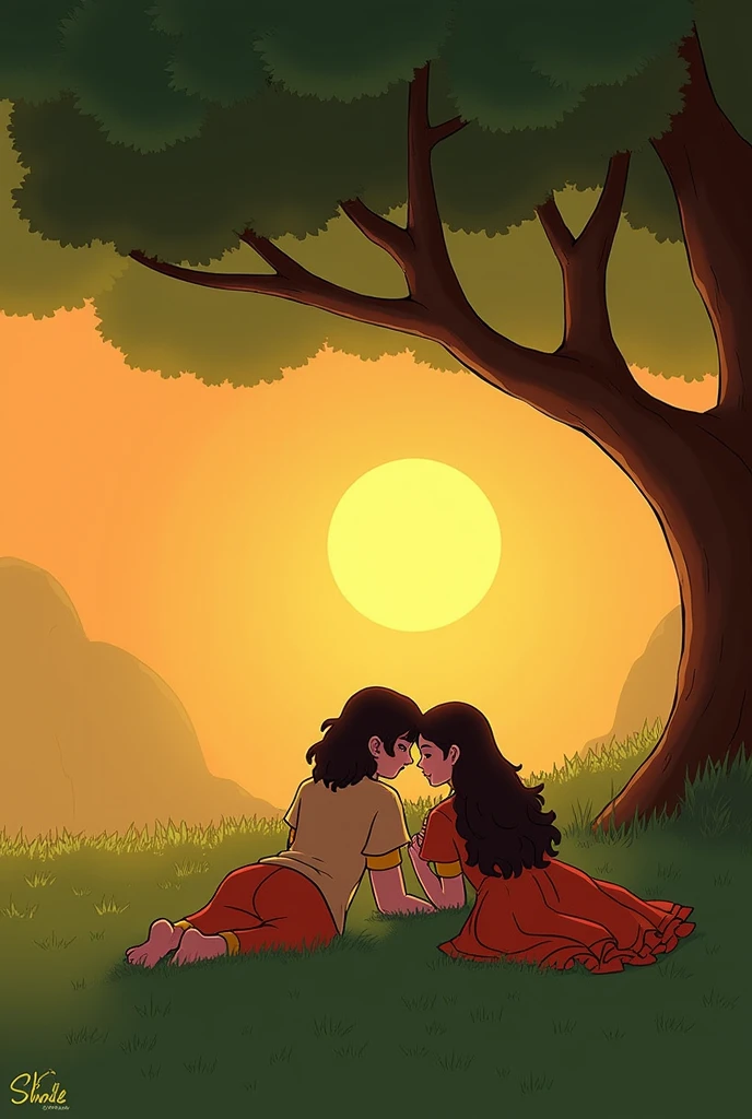 a path .green trees two side. two bengali girls hugging romantically