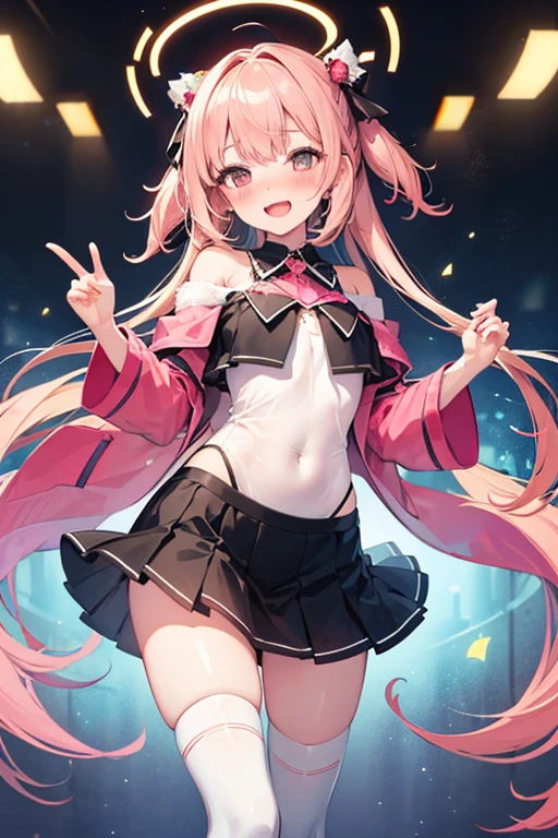 idol, yuri, bishoujo, masterpiece,best quality,official art,extremely detailed CG unity 8k ,Light pink brown hair,side braid, double_bun, Symmetrical black succubus horn hairpin,nose blush , shy, embarrassed , aqua eyes, beautiful detailed eyes, grey eyes, huge breasts, between breasts, breasts apart, hanging breasts, bouncing breasts, bikini top only ,black pleated_skirt,grey loose socks, Black Silk Stockings and White socks,80D high-quality white stockings with pink edges,no shoes, Perfect hands,White skin,Pink jade feet,Attractive anime girl,Seducing the audience,slim body,Long, thin legs,full body lesbian,full-body shot,Looking directly at the audience,Standing,摆pose