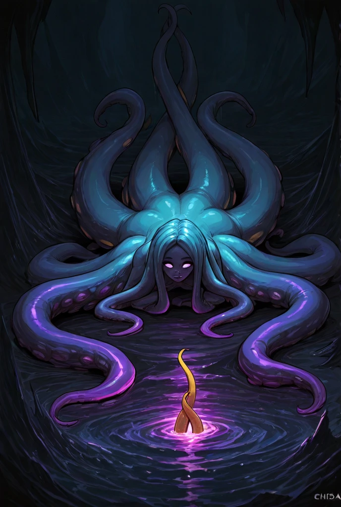 (((No humans)))、An alien tentacle creature with tentacles branching out from a central body with a single large eye、From the side、From the side