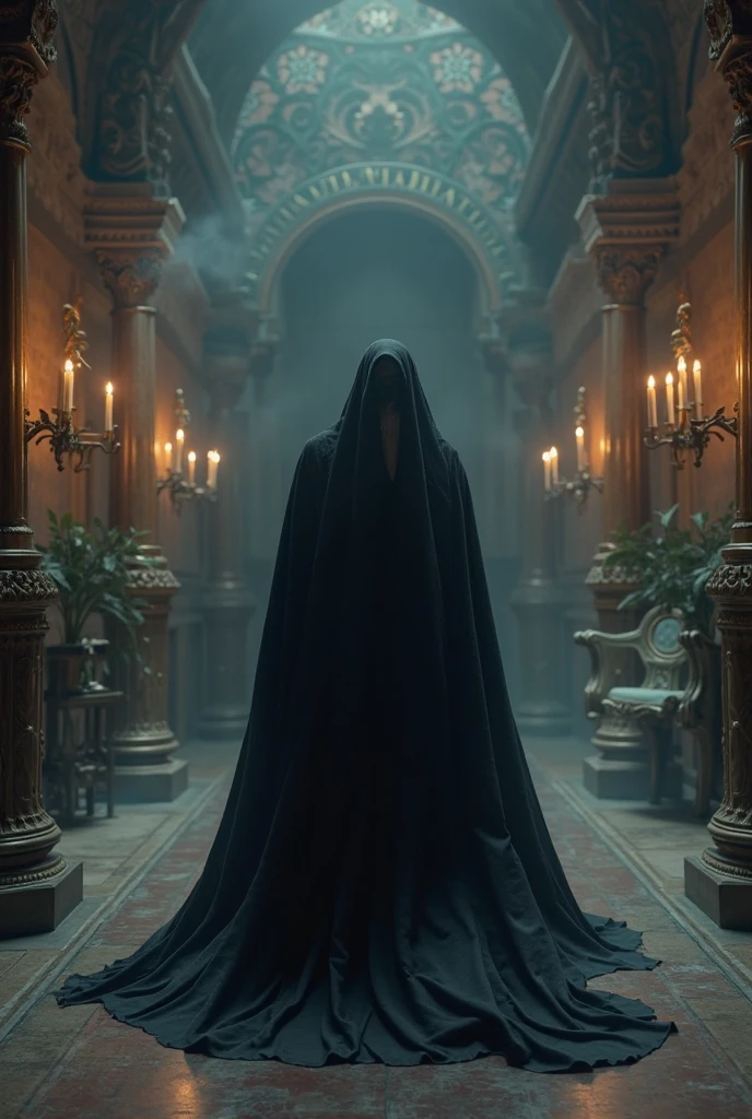 Create an eerie image of a terrifying figure standing in the middle of a dark hotel corridor at night. The figure is shadowy and indistinct, with a menacing, sinister presence. The corridor is dimly lit, with flickering lights casting eerie shadows along the walls. The background includes old, worn wallpaper and a faded carpet, enhancing the creepy, unsettling atmosphere reminiscent of a classic horror movie. The overall scene should evoke a sense of dread and terror