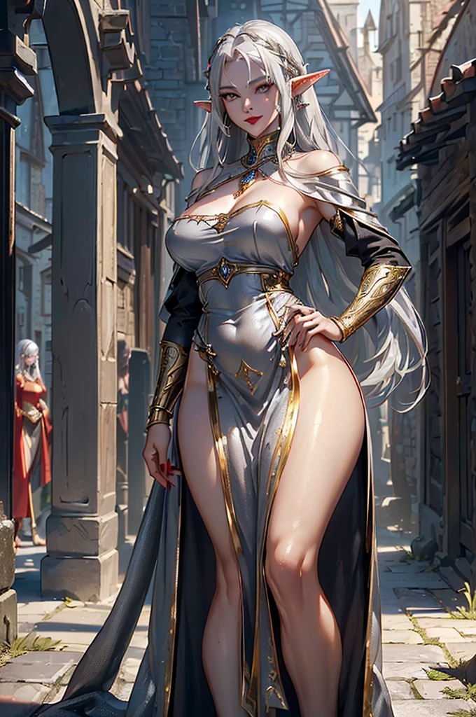 Master anime work, impeccable masterpiece, a mature female character standing in a sexy transparent red robe on a pure white background, flowing silver hair, full body standing, slender legs, straight breasts, detailed face details, natural standing, vivid and real body details