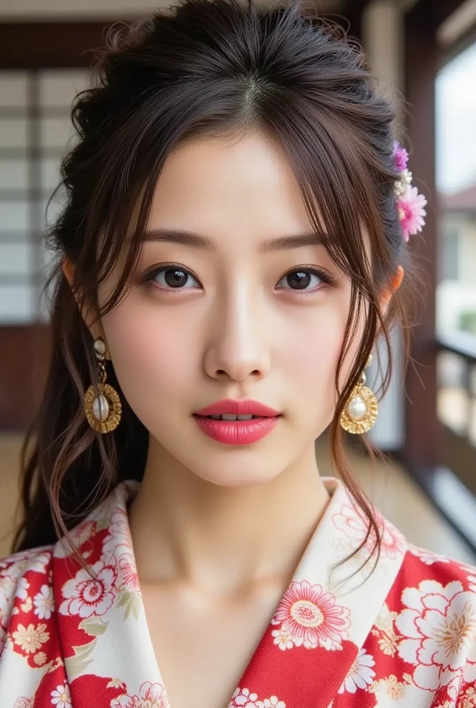 (8k、Live Shooting、Highest quality、Masterpiece:1.2),(kimono、Twelve-layered kimono、In a Japanese-style room)(High resolution 4K、Front view、High position、Serious expression、Super detailed、Super Resolution、(Real、Real写真:1.37)、Portrait、High-definition RAW color photos、nightの撮影、Professional photography、Very detailedで美しい、Very detailed、8k画壁紙、Amazing details、Huge file sizes、Official Art、Very detailedなCG Unity 8kの壁紙 Very detailedな女性、Very detailedな顔、Very detailedな肌、Very detailedな指、Very detailedな鼻、Very detailedな詳細な口、Perfect Anatomy、1 girl、(20:1.2)、Female, age 20、Realな体つき、、White skin、Shining skin black hair、semi-long、A sloppy smile、clean、Clean face、Realistic Face、Delicate eyes、kimono、Looking straight at the camera、Cowboy Shot、Landscape、Standing posture、((night))Close-up of face、Radiant Skin、The chest is visible、sexy、nightの和室