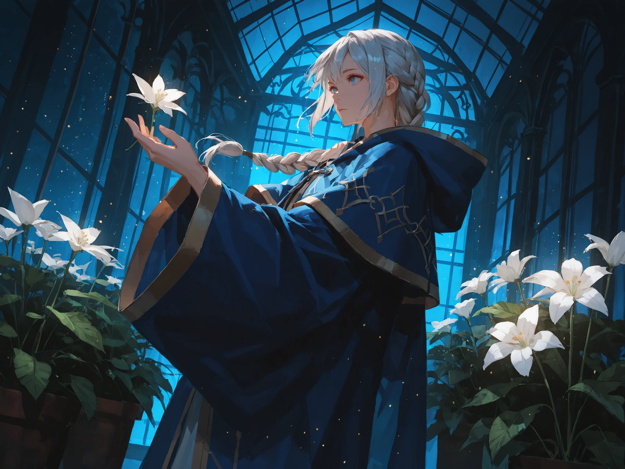 medium shot, side shot, dutch angle, makes an aesthetic, Master piece, Best Quality, ultra detailed, a handsome man, (man:1.5), solo, male Long Hair, beautiful silver hair, hair in a braid, beautiful blue eyes, toned, mage robe, reaching flower floating, in a royal and fantasy stile greenhouse, plants, white flowers, fantasy world, (light particles:1.5), night, moonlit,