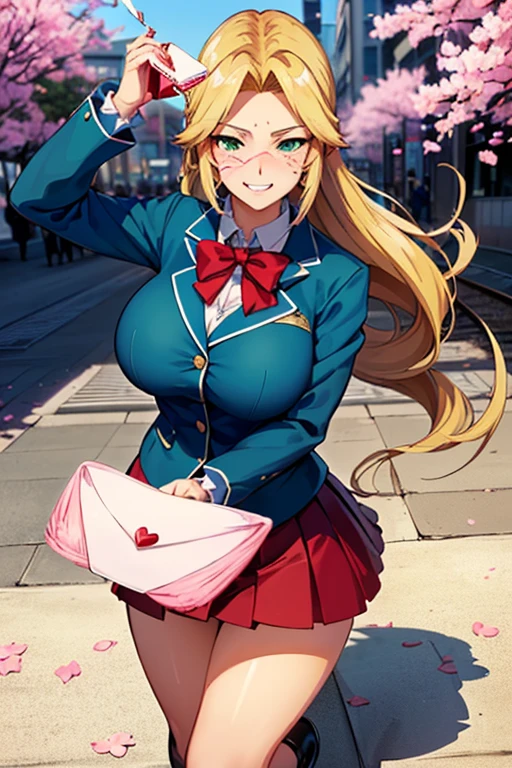 8k(high school girl:1.5),8k(uniform,blazer:1.5),woman,Huge boobs,Huge breasts Huge breasts,とても唇が赤いHuge breastsを強調,Big Ass,Narrow waistLong legs,Green Eyes, Huge boobs,Huge breasts, Huge breasts,とても唇が赤いHuge breastsを強調,Big Ass,Narrow waist,Long legs, Greenish blue eyes 8k( A relaxed smile:1.5)Anime-style face, good facial expression, splashing sweat 8k(handing over a love letter:1.5)