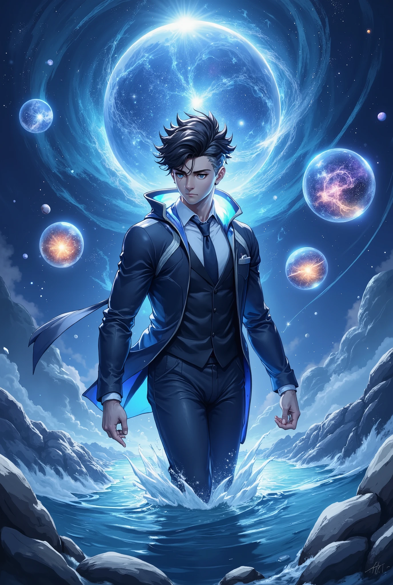 A male celestial being blue-skinned cosmic god wearing a nice black suit, surrounded by glowing galaxies encapsulated in transparent orbs. Short wavy hair merges with the swirling cosmic currents, radiating ethereal energy. Light beams from the cosmos above illuminate the divine figure, while distant stars and nebulae twinkle through the water. The overall scene blends elements of Hindu mythology with science fiction and fantasy, creating a surreal, divine of cosmos