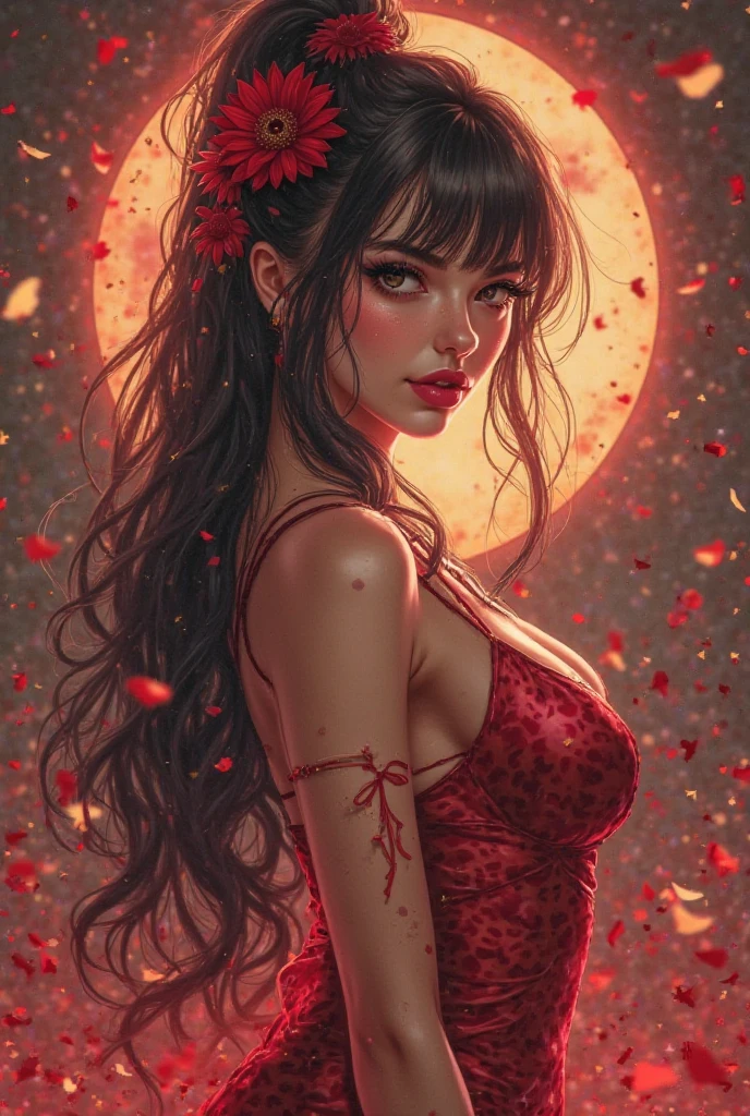 "detailed features" , "detailed eyes" , "1women, "medusa" , "snake hair" , "beautiful" , slit snake eyes" , "dangerous" , "Greek maroon dress", "lips slightly parted" , "full body" , "garden background" , "sitting in flowers" , "smelling a flower"