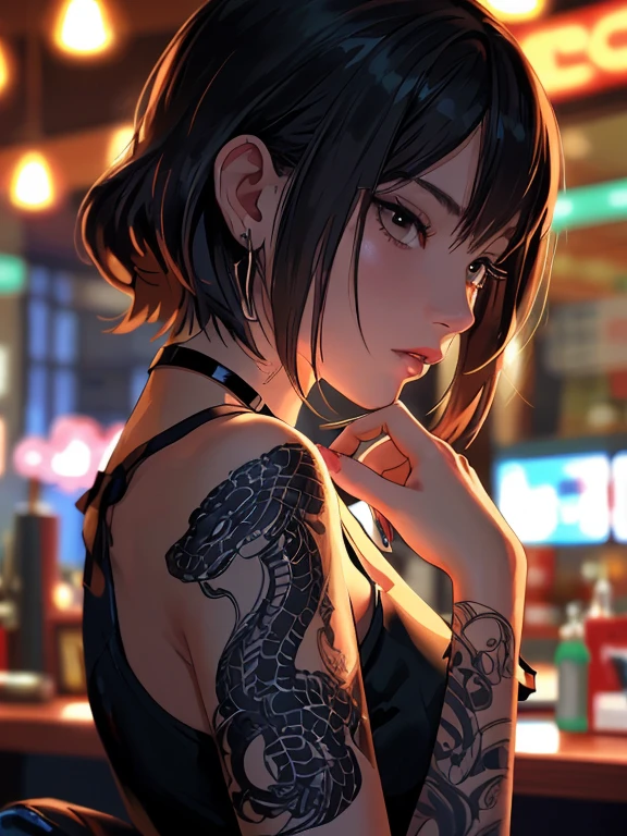(Best Quality: 1.3), 8k, (Masterpiece: 1.3), Ultra High Resolution, (Golden Dragon Tattoo: 1.5), (Back: 1.5), (Concrete: 1.5), (Black Hair: 1.5), Nihilistic Face, 20 Years Old, (Smoking Cigarette: 1.5), Night, Turning Around, Very Short Hair