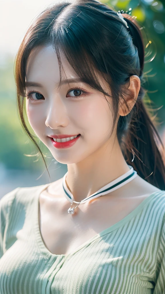 tmasterpiece,best qualtiy,(realisticlying,realisticlying:1.4),(RAW photos:1.2),Very detailed CG unity 8k wallpaper,very fine and beautiful,Amazing Cleavage,finely detailled,offcial art,absurderes,unbelievable Ridiculous,hugefilesize, ultra - detailed, The is very detailed, Nice detailed girl, very detailed eyes and faces, Beautiful detailed eyes, There is light on the face, 1girl, Long hair, ((pony tails)), solo, cute, looking at viewer, (perfect female figure) , big breasts thin waist, full bodyesbian, huge tit, standing on your feet, 校服, Superskirt, Superskirt, plaid skirts, nabel, Crop topping, Sleeveless shirt, Bare arms, By bangs, schools, Classroom, Laughing,ulzzang-6500-v1.1
