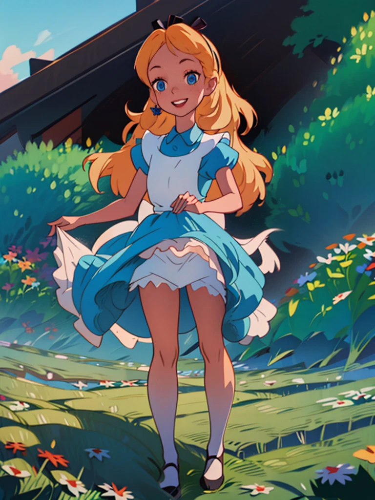 masterpiece, Highest quality, 4K, Super Resolution, One girl, Blonde long hair, Blue Eyes, Blue mini dress with white apron, Lift up the hem of your skirt with both hands,Pull up your skirt,  White panties, Flower Field