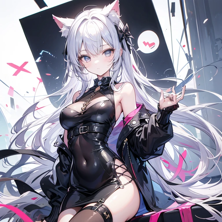 Skinny girl, short white hair, red eyes, eye patch, fetishistic costume, black color, vinyl, harness, exposed abdomen, exposed shoulders, left eye patch, red collar, garter belt, pink cat ears, choker, stockings.