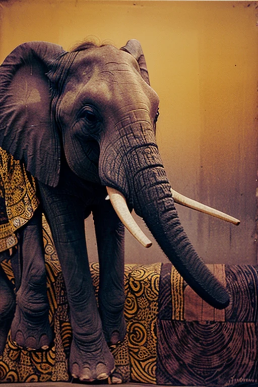 A very large three-headed elephant, hanging from a gold chain, wearing a necklace.