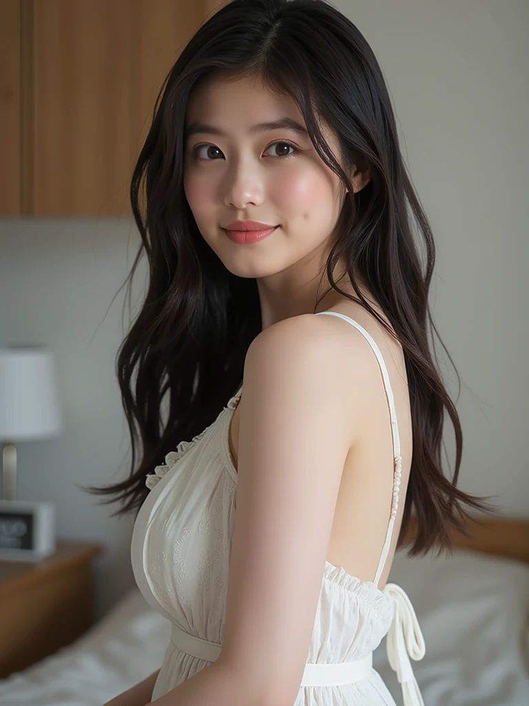 (8K、RAW Photos、Highest quality、masterpiece:1.2)、(Realistic、Realistic)、1 Girl、((Completely naked、After sexual intercourse、Bedroom、morning、 the bed、Wrapped in sheets、Flat Chest、smile、Look at the camera and smile))、cute
