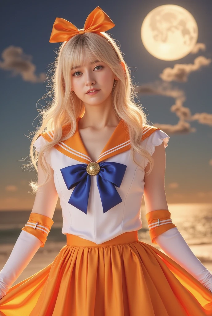 master piece, highest quality, High resolution, SV1, sailor warrior uniform, one blonde, orange skirt, wear gloves on elbows,elbow wood, Tiao, orange sailor collar, sailor venus, Orange color, white gloves, gem,laughter, Minako Aino,, the skirt is cracked, permanent, white straitjacket,, gorgeous fabric, leather texture, smile, cinema lens, beautiful atmosphere, Depth of the bounds written, cartoon style, 水彩Wind, fluttering, Wind, wind lift, shiny hair,