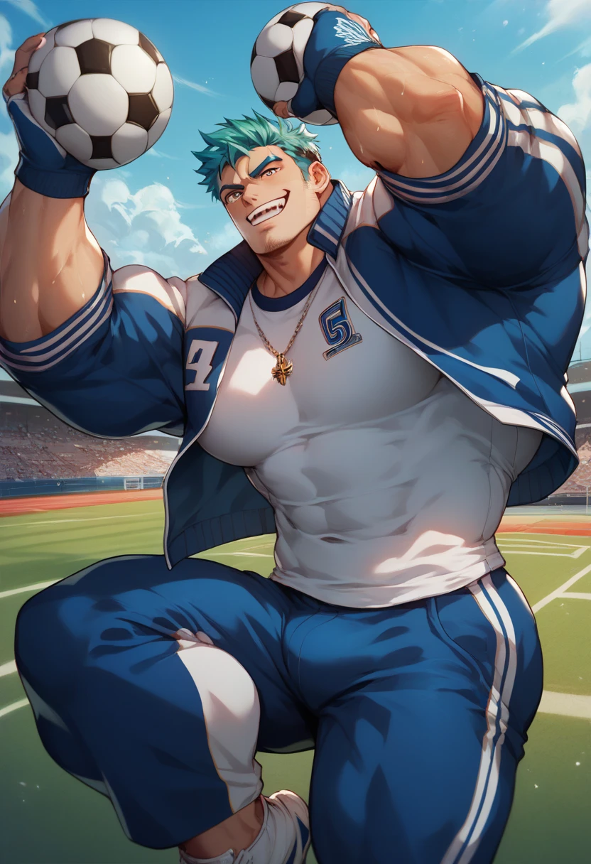 full body view, one young bodybuilded white soccer guy with blue mohawk haircut and shaved around, shirtless, showing off his disproportionately over-inflated pecs and biceps, in blue shiny spandex shorts showing off massive muscled legs , in white filthy stained soccer socks , no shoes, tattooed, silver chains, sitting alone in his white filthy socks on football field, looking happy and exhausted, a stadium full of jubilant spectators, his white socks must be seen