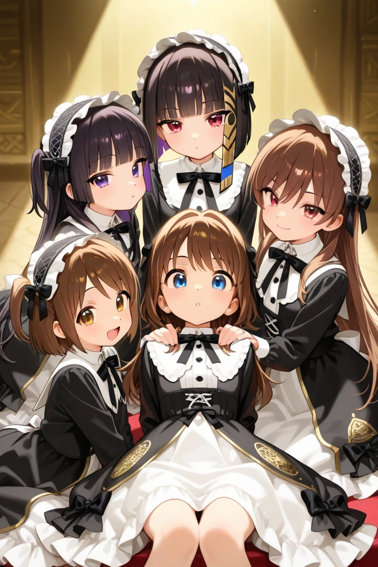 (2 young girls with long hair, Beautiful face and eyes and eyeliner,A delicate little face, pink eyes, Charming smile, (Maid cafe outfit with frilly, Sheer pleated mini skirt:1.5), (Transparent maid cafe costume with large open breasts and hollow:1.2), Sexy transparent underwear,Show belly button, Revealing sexy transparent white panties (very pretty girl), brown hair, Fashion hair accessories quality:1.4), (Extremely detailed),Pendants and earrings、 (Extremely detailed CG unified 8k wallpaper), Very detailed, High-resolution original color photos, Professional photography, Depth of Field, (view from below),