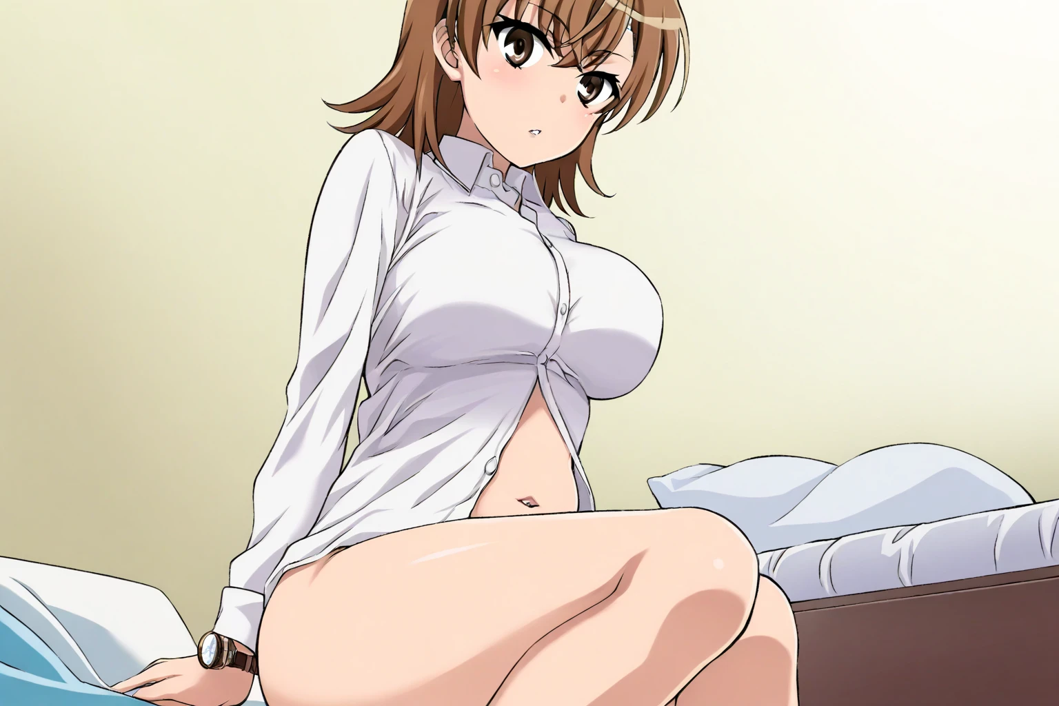 miyoshi kaya, light brown hair, high ponytail, large breasts, orange eyes, parted bangs, forehead,
1girl,solo,looking at viewer, ,on bed,angry,((lying on back)),open legs,spread legs,white shirts,miniskirt,socks,panties