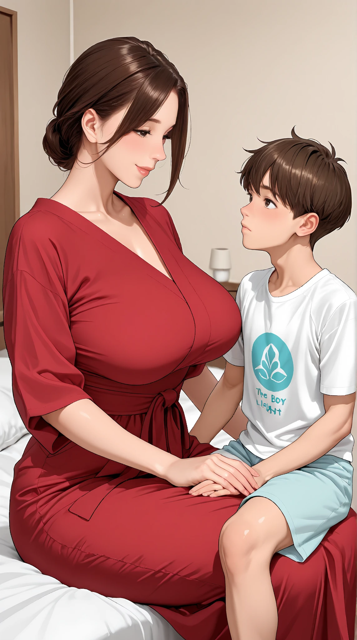 One Adult 30 years Japanese woman, tall face , pretty face , short brown hair , big chest , red dress , bedroom , sit on the bed , holding a boy's hands and looking at him with motherly care , the boy have light blow t-shirt with light blue shorts and dark brown hair