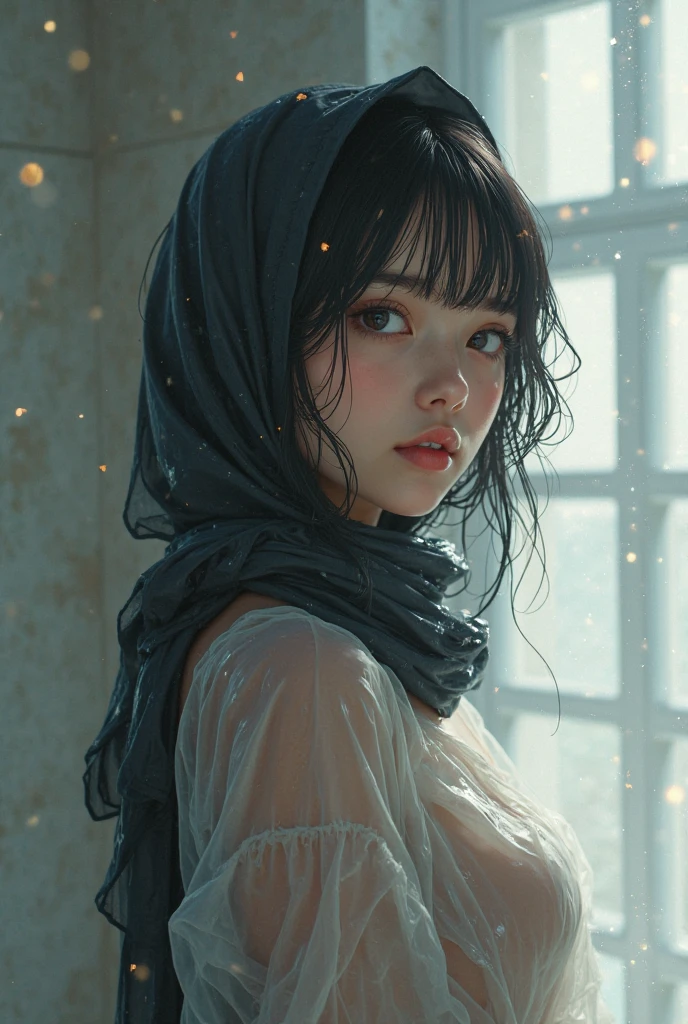 Girl in the Rain,Wet shawl hair,delicated face,Foto realism,Extremely sexy