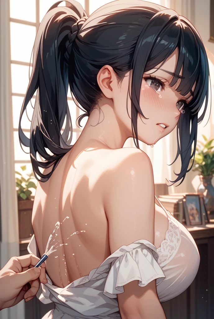 marciana, golden brown eyes, very long hair, shy face, white lingerie bra, white panty, white stocking hose , white garters, E cup breasts, bewitched thighs, slender waist, plumb butt
BREAK daylight ,alone, bathroom, streaming
BREAK back view, sweaty, one hand on waist, alluring pose , looking at viewers
BREAK (masterpiece:1.2), best quality, high resolution, unity 8k wallpaper, (illustration:0.8), (beautiful detailed eyes:1.6), extremely detailed face, perfect lighting, extremely detailed CG, (perfect hands, perfect ???????),