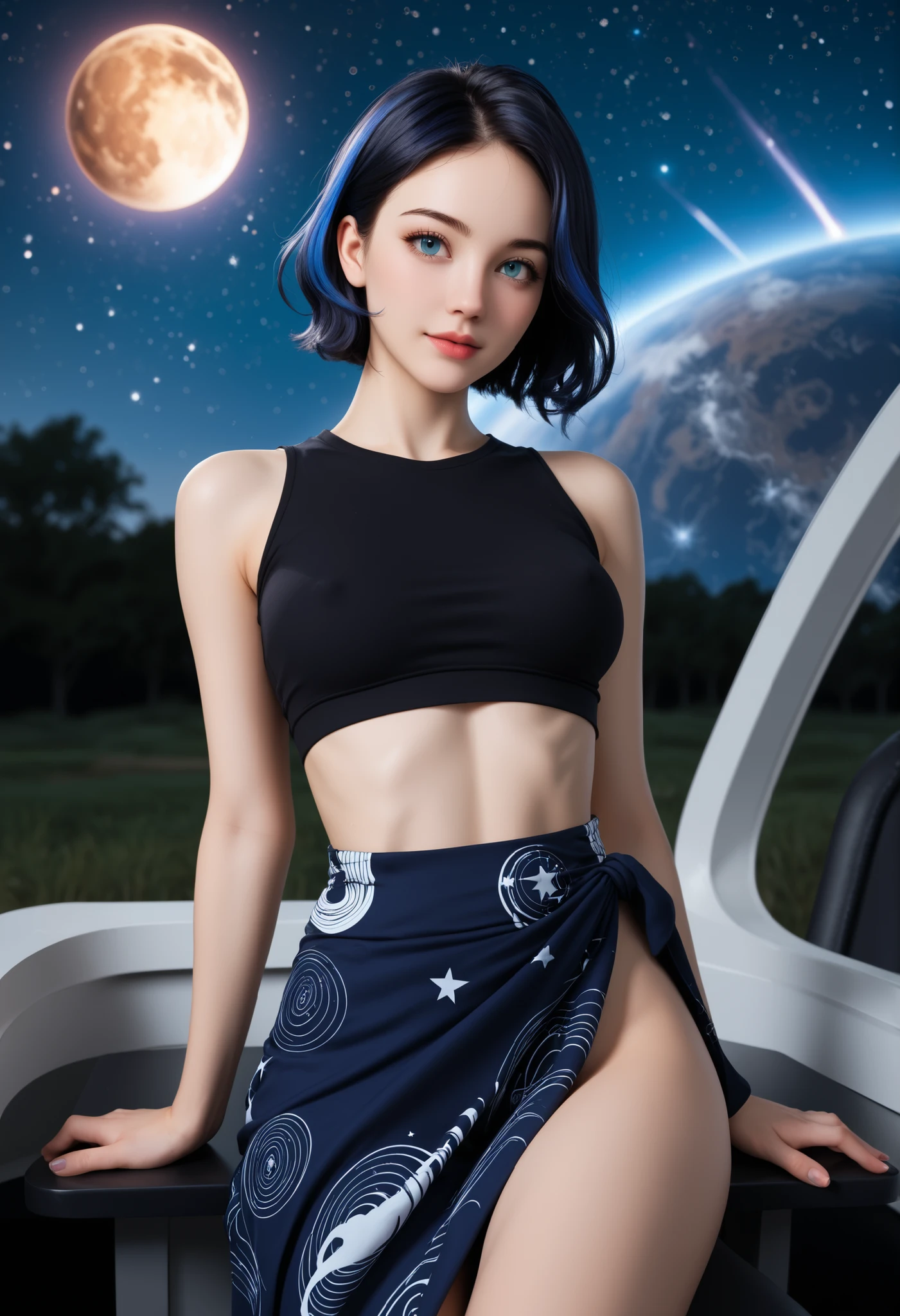(dark sky, dark env, milky way, galactic sky, stars, moons,in the space-galaxy, mars, stars-mars-planets, clouds, cloudy, tornado, black hole, horror env, ghost night, ghostly, night time,aesthetic, motion blur, blurred background, close up), cara,Russian race, European race,Height 160cm, Adult, 21 years old, A high resolution,normal figure, normal body weight,pretty, ultra - detailed,black hair color, short hair, straight hair, navel, sarong, medium , clavicle, wearing a crop top, cute crop top,tight top,naked , exposed, , sitting on a chair, outside space, space, galaxy, in the space, boots, stomach,hands behind back, hands on the back, skeleton Printed sarong, closer shot, looking at the viewer, eyes on the viewer