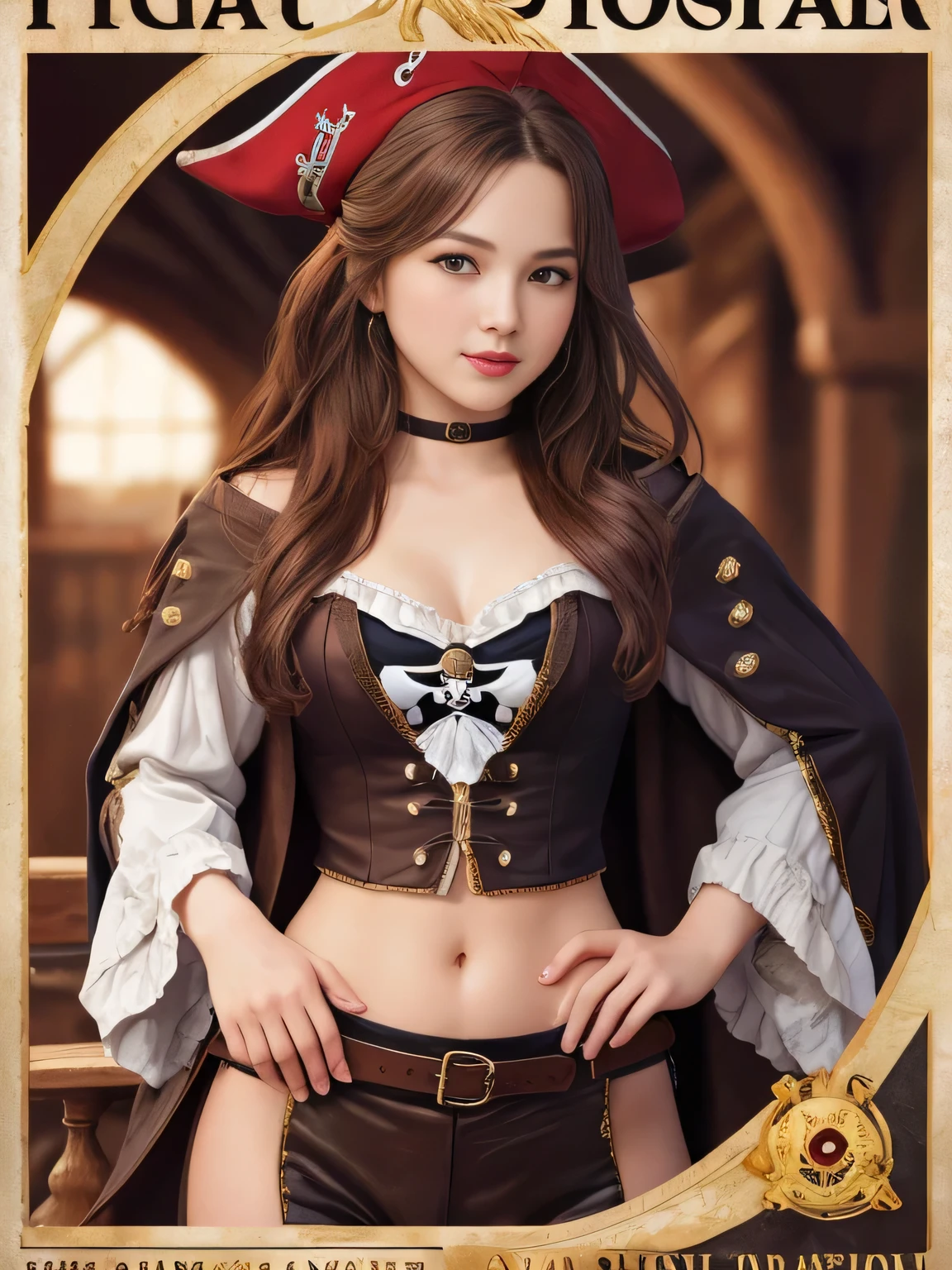 ( Poster Art ) , High Quality , masterpiece, super high resolution in the shot , (Perfectly beautiful female pirate), ( Pirate Costume ),
glossy brown hair 、Middle Layer Bob、cute、Crimson lips、Laughter 、(little character)、Acrobat Angle、amazing beauty、cloak、