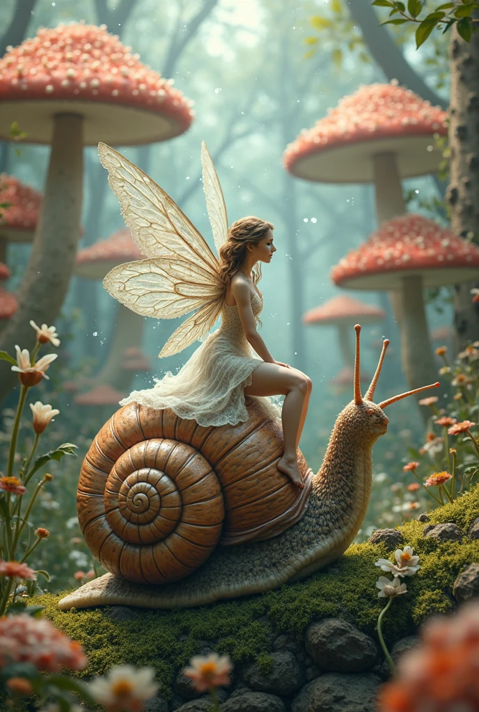 Beautiful tiny fairy sitting on a snail,flowers,vines,grass(high quality),(refined details),(art work),(pastel painting),(fantasy style)