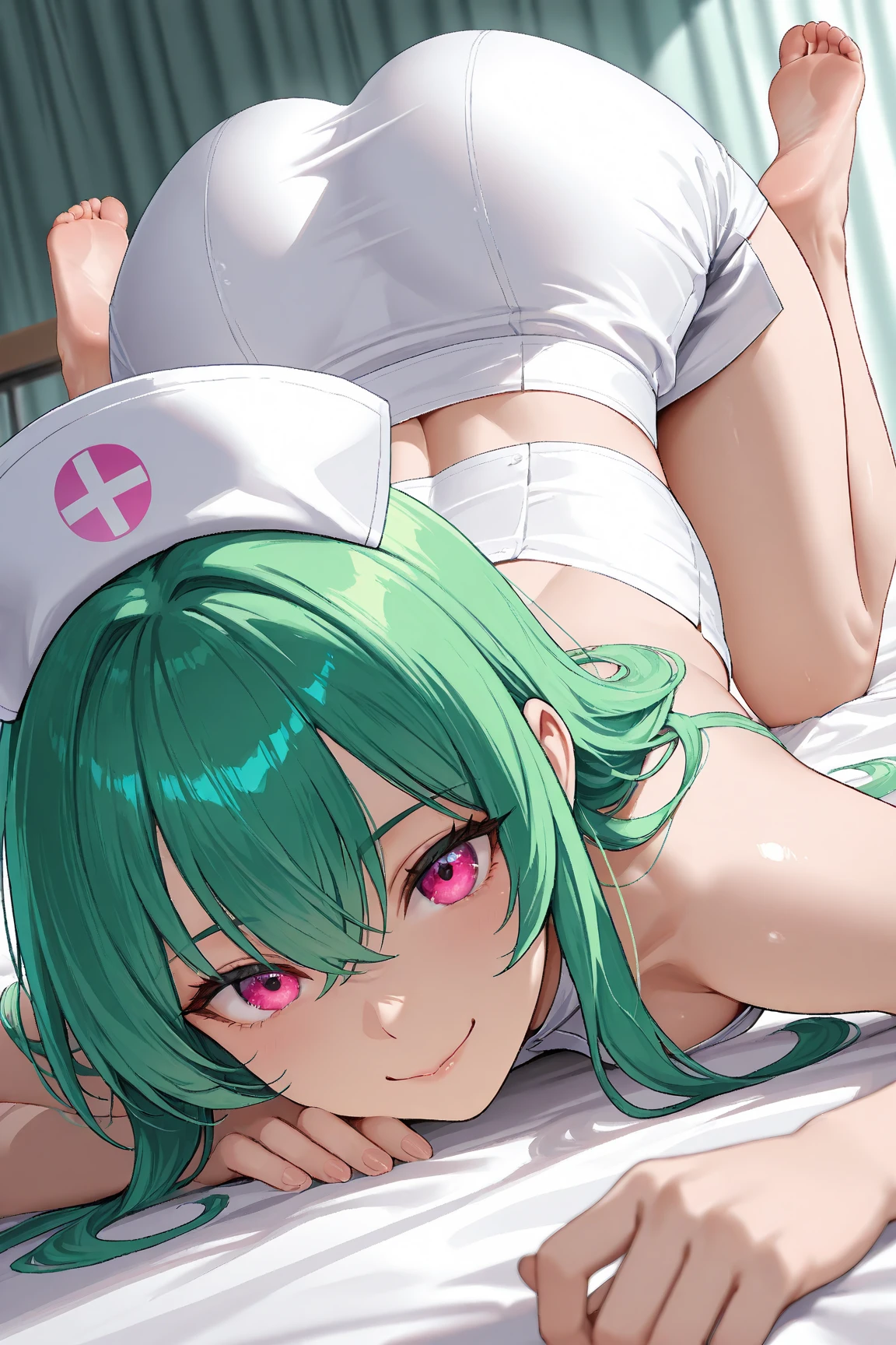 ((masterpiece,Highest quality:1.3)),cowboy shot,1woman、30 year old beauty、独奏,((very small head:1.3)),green hair,(low ponytail),long hair,blunt bangs,green eyes,gorgeous eyes,shy,medium breasts,((very long body:1.3)),(toned body,slender body,skinny),gleaming skin,shiny skin,oily skin,((Injury:1.4、Treated with white bandages)),naked,nipples,navel、vagina,sitting,hospitalのベッド、hospital、World of Blade Runner、nsfw,